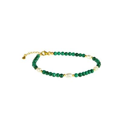 Malachite Bracelet with Freshwater Cultured Pearl in Gold Tone Sterling Silver