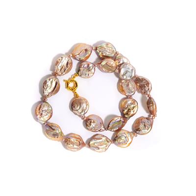 Pink Purple Cultured Pearl Necklace in Gold Tone Sterling Silver (16mm)