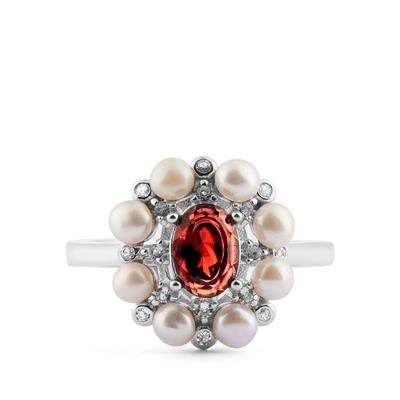 Garnet, Kaori Cultured Pearl Ring with White Topaz in Sterling Silver