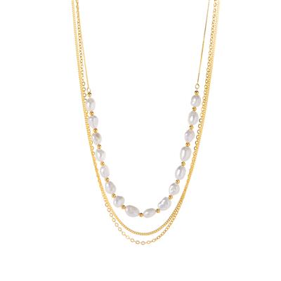 Freshwater Cultured Pearl Layered Necklace in Gold Tone Sterling Silver (7 x 5mm)