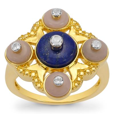 Sar-i-Sang Lapis Lazuli, Peruvian Pink Opal Ring with White Topaz in Gold Plated Sterling Silver 3cts