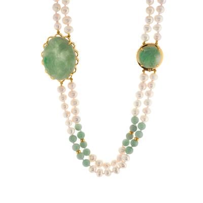 Type A Jadeite Necklace with Freshwater Cultured Pearl in Gold Tone Sterling Silver 
