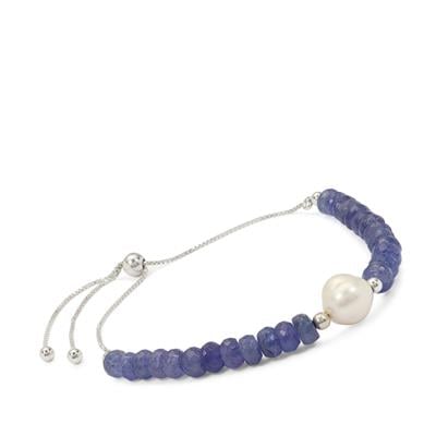 Tanzanite Slider Bracelet with Freshwater Cultured Pearl in Sterling Silver (9 to 10mm)