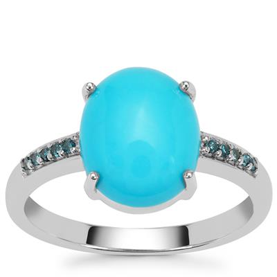 Sleeping Beauty Turquoise Ring with Blue Diamond in Rhodium Flash Sterling Silver 2.70cts