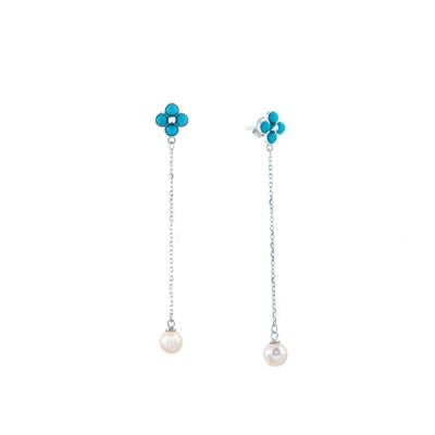 Hubei Turquoise & Freshwater Cultured Pearl Sterling Silver Quatrefoil Earrings (6 mm)