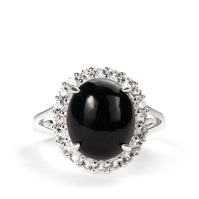 Type A Black Jadeite Ring with White Topaz in Sterling Silver 6.75cts