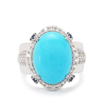 Sleeping Beauty Turquoise, Thai Sapphire Ring with White Zircon in Sterling Silver 8.40cts
