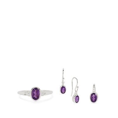 Bahia Amethyst Set of Ring, Pendant & Earnings with White Topaz in Sterling Silver 3cts 