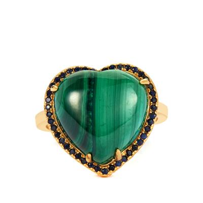 Malachite Ring with Sapphire in Gold Tone Sterling Silver 12.10cts