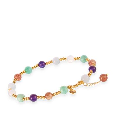 Strawberry Quartz & Amazonite Stretchable Bracelet with Multi Gemstone in Gold Tone Sterling Silver 26.85cts 