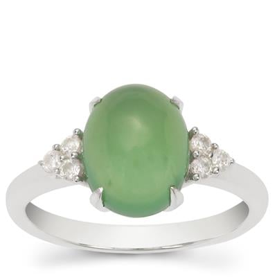 Green Serpentine Ring with White Zircon in Sterling Silver 3cts