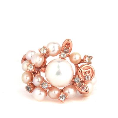 Kaori Cultured Pearl Ring with White Topaz in Rose Gold Tone Sterling Silver 