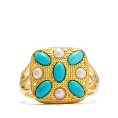 Turquoise Ring with Freshwater Cultured Pearl in Gold Tone Sterling Silver 
