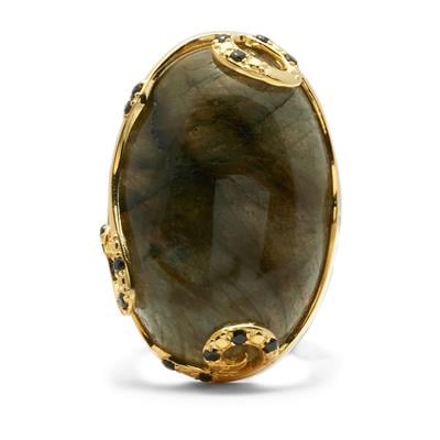 Paul Island Labradorite Ring with Black Spinel in Gold Tone Sterling Silver 44.80cts