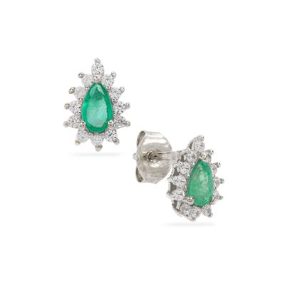 Zambian Emerald Earrings with White Zircon in Platinum Plated Sterling Silver 0.70cts