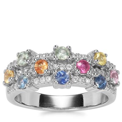 Multi-Colour Sapphire Ring with White Zircon in Platinum Plated Sterling Silver 1.05cts