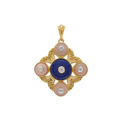 Sar-i-Sang Lapis Lazuli, Peruvian Pink Opal Pendant with White Topaz in Gold Plated Sterling Silver 3.10cts