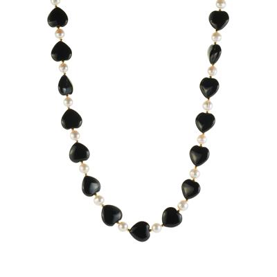Black Agate Necklace With Kaori Freshwater Cultured Pearl in Gold Tone Sterling Silver