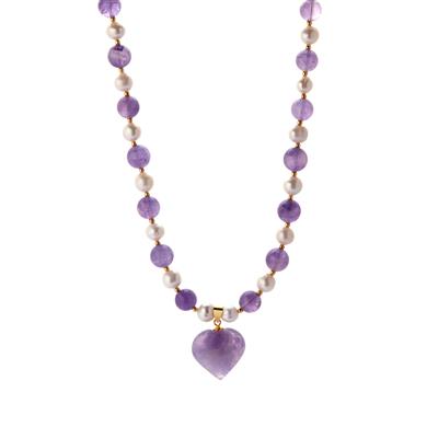 Kaori Freshwater Cultured Pearl Necklace With Amethyst in Gold Tone Sterling Silver 