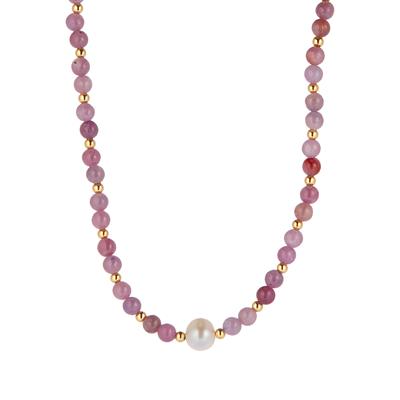 Ruby Necklace with Kaori Cultured Pearl in Gold Tone Sterling Silver