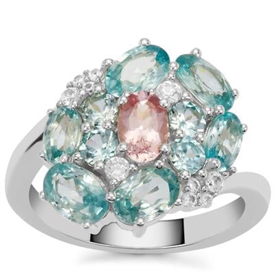 Pink Spinel, Ratanakiri Blue Zircon Ring with White Zircon in Sterling Silver 5.15cts