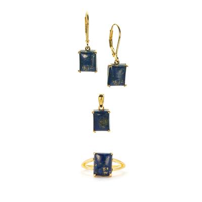 Sar-i-SangLapis Lazuli Set of Ring, Earrings & Pendant  in Gold Tone Sterling Silver 14.15cts