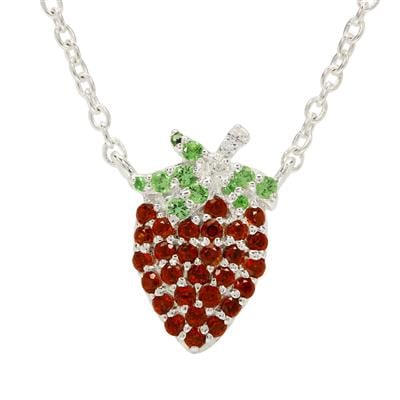 Rajasthan Garnet, Tsavorite Garnet & White Zircon Sterling Silver Strawberry Necklace ATGW 0.70cts