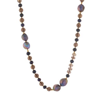 Freshwater Cultured Pearl Necklace with Smokey Quartz in Gold Tone Sterling Silver 