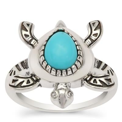 Sleeping Beauty Turquoise & White Zircon Oxidized Sterling Silver Turtle Ring ATGW 0.60ct