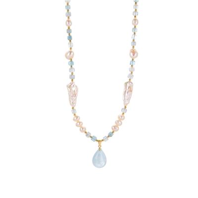 Aquamarine Necklace with Kaori, Baroque Freshwater Cultured Pearl in Gold Tone Sterling Silver 