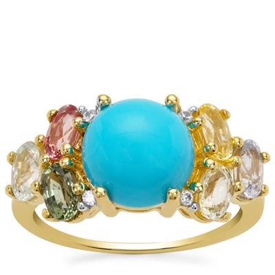 Sleeping Beauty Turquoise, Multi-Colour Sapphire Ring with White Zircon in 9K Gold 4.45cts