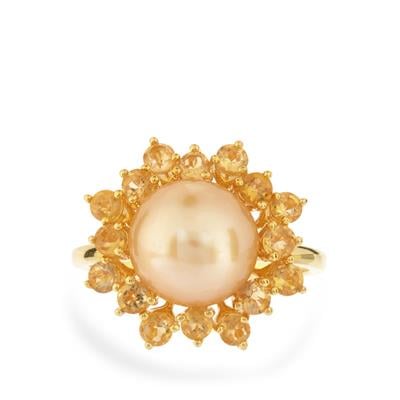 Freshwater Cultured Pearl Ring with Citrine in Gold Tone Sterling Silver 