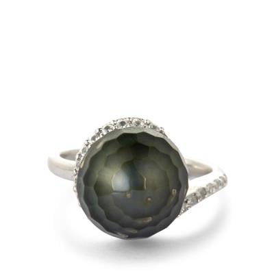 Faceted Tahitian Cultured Pearl Ring with White Zircon in Sterling Silver