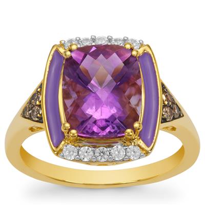 Moroccan Amethyst, Champagne Zircon Ring with White Zircon in Gold Plated Sterling Silver 3.40cts