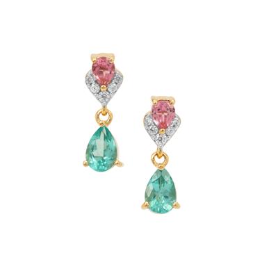 Botli Green Apatite, Pink Tourmaline Earrings with White Zircon in 9K Gold 1.25cts
