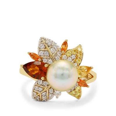 Golden South Sea Cultured Pearl Ring with Multi Gemstones in Gold Plated Sterling Silver (8 MM)