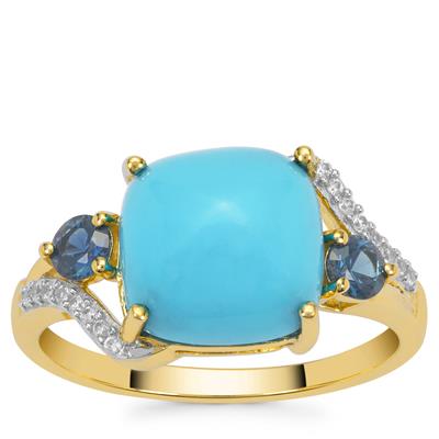 Sleeping Beauty Turquoise, Australian Blue Sapphire Ring with White Zircon in 9K Gold 4.45cts