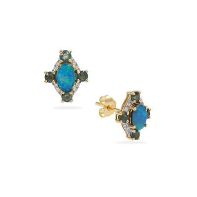 Crystal Opal on Ironstone, Australian Blue Sapphire Earrings with White Zircon in 9K Gold 