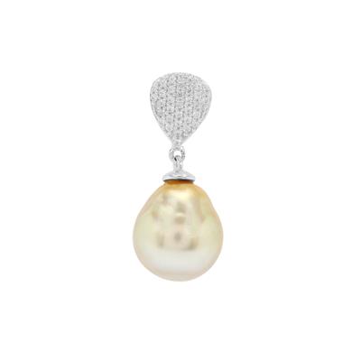 Golden South Sea Cultured Pearl Pendant with White Zircon in Sterling Silver (11mm)