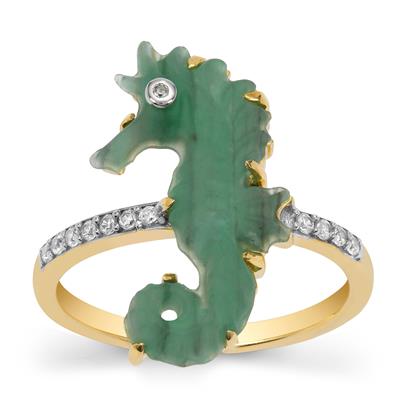 Natural Green Chalcedony Ring with Natural Zircon in 9K Gold 3.64cts
