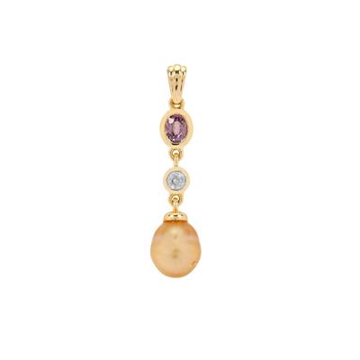 Golden South Sea Cultured Pearl, Pink Sapphire Pendant with White Zircon in 9K Gold (9 MM)
