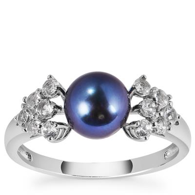 Kaori Freshwater Cultured Pearl Ring with White Topaz in Sterling Silver 