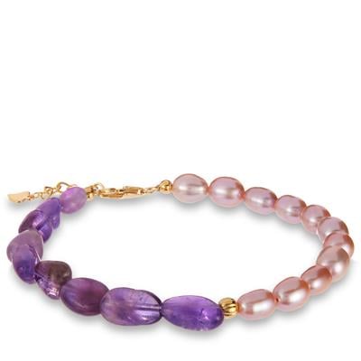 Bahia Amethyst Bracelet with Kaori Freshwater Cultured Pearl in Gold Tone Sterling Silver