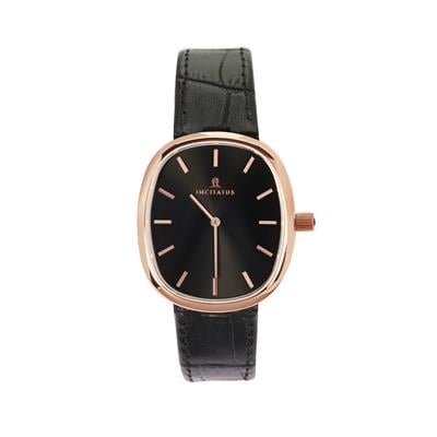 'Midnight Sun' Black Onyx Rose Gold Plated Stainless Steel Watch with Black Leather Strap 0.01cts