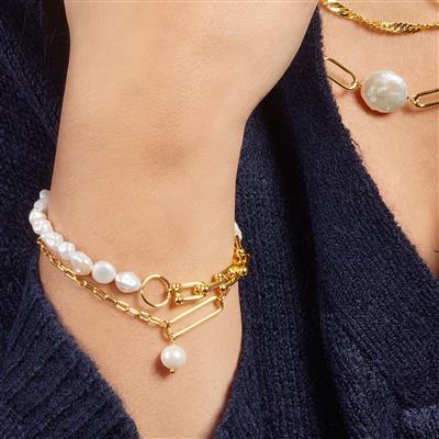 Baroque Cultured Pearl Bracelet in Gold Tone Sterling Silver (6mm x 7mm)