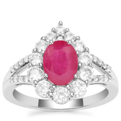 Kenyan Ruby Ring with White Zircon in Platinum Plated Sterling Silver 3.10cts