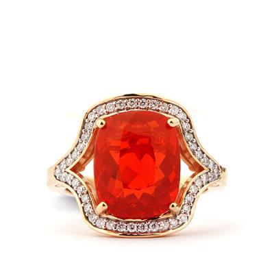 Mexican Fire Opal Ring with Diamond in 18K Gold 4.74cts 