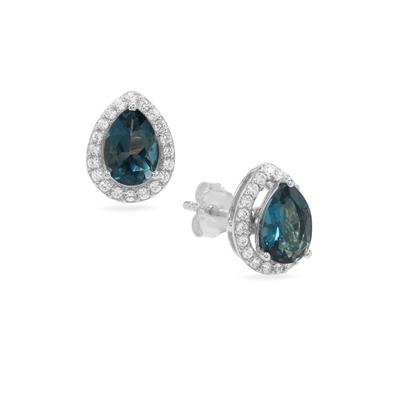 London Blue Topaz Earrings with White Zircon in Sterling Silver 1.95cts