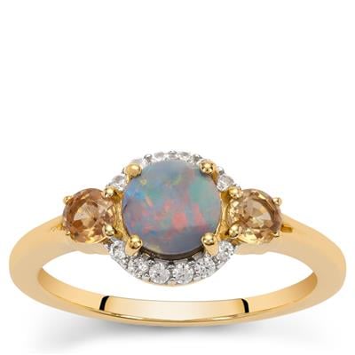 Crystal Opal on Ironstone, Capricorn Zircon Ring with White Zircon in 9K Gold 