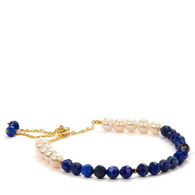 Kaori Freshwater Cultured Pearl Slider Bracelet with Lapis Lazuli in Gold Tone Sterling Silver